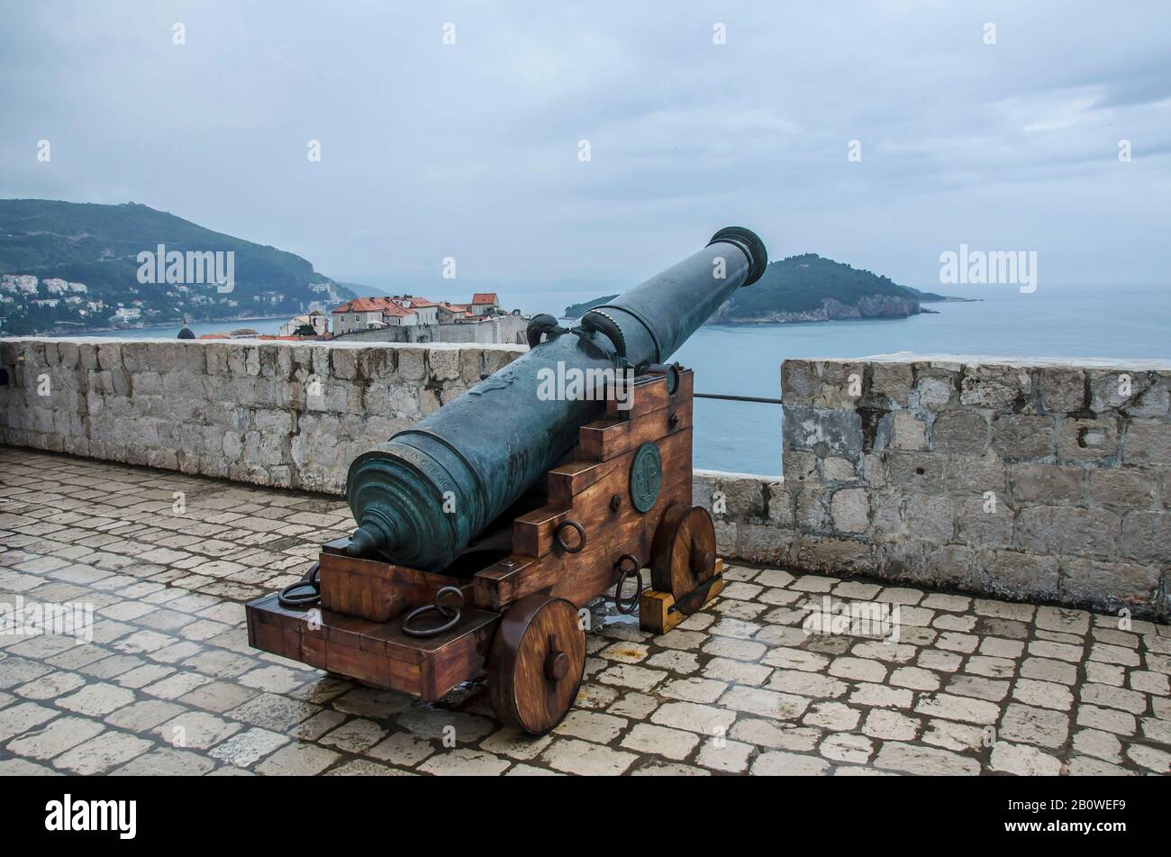 Cannon at wall of Dubrovnik Old Town, Croatia. Cannon on the walls of defensive fortress Lovrijenac Stock Photo