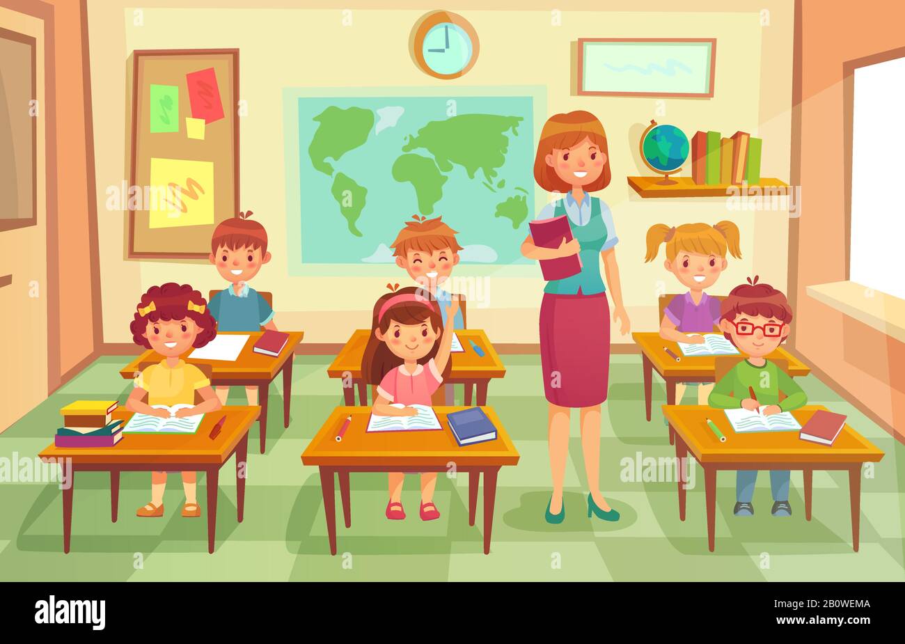 Pupils and teacher in classroom. School pedagogue teach lesson to pupil kids. Schools lessons at class cartoon vector illustration Stock Vector
