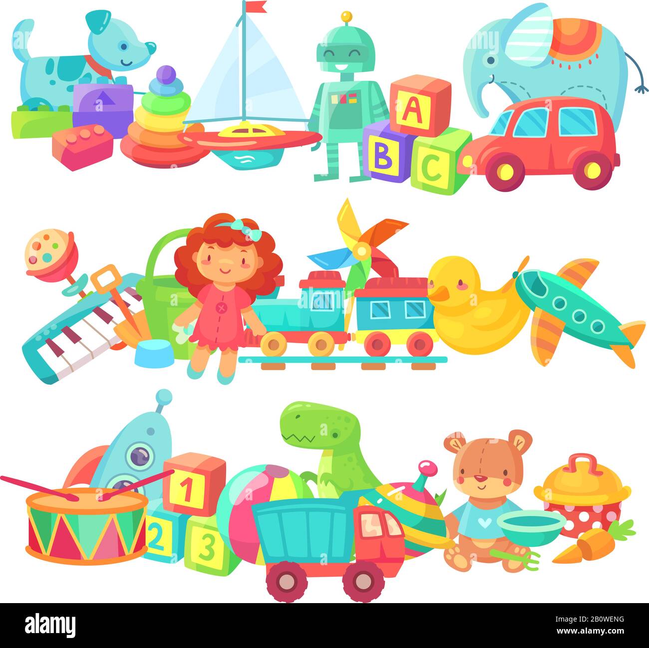 Toy piles. Kids toys groups. Cartoon baby doll and train, ball and cars,  boat isolated children vector set Stock Vector Image & Art - Alamy