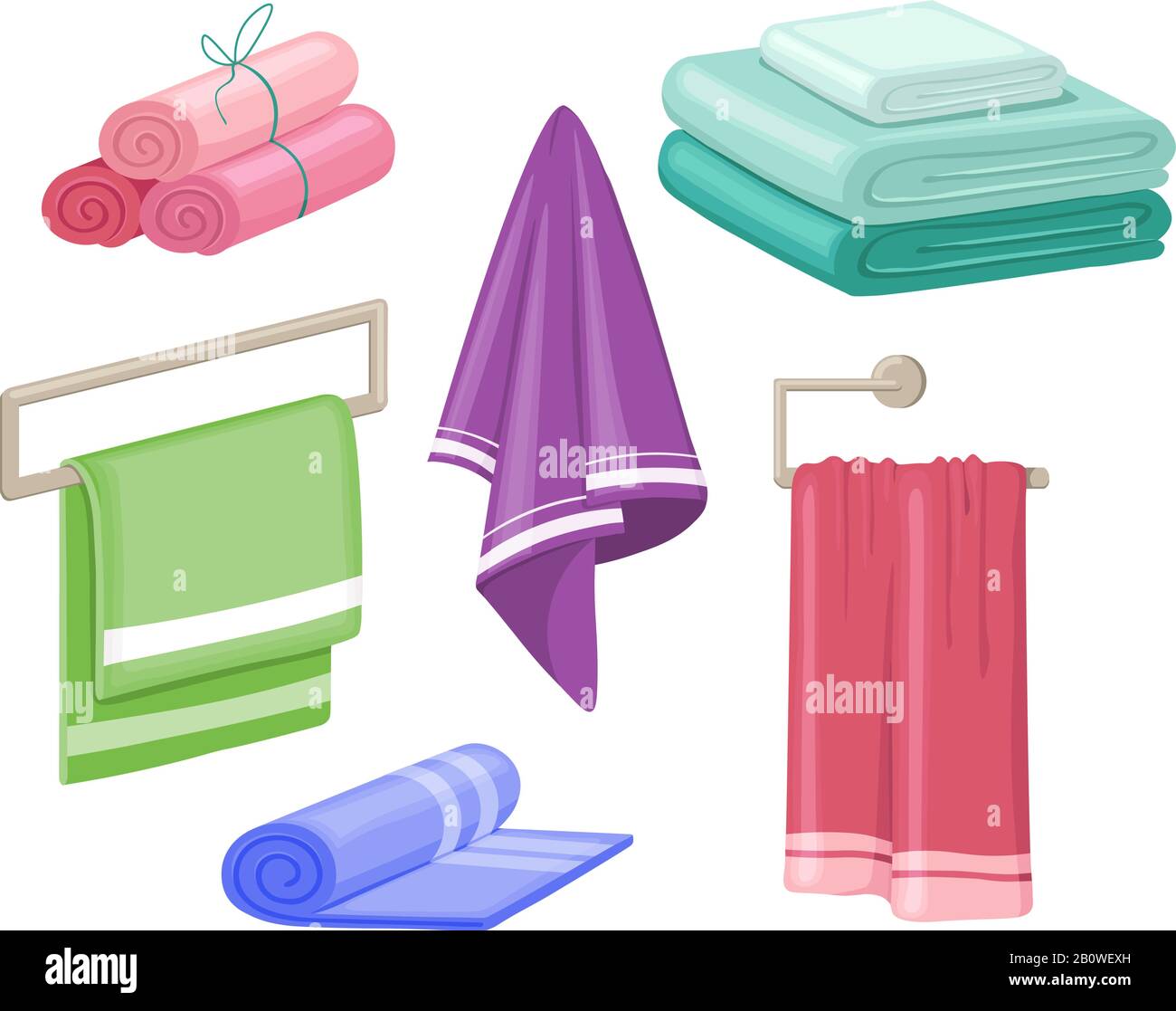 Household towels. Cotton bathroom hygiene towel vector isolated set