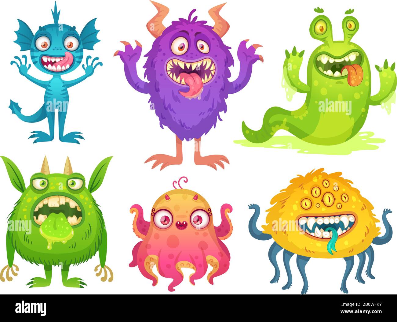 Cartoon monster mascot. Halloween funny monsters, bizarre gremlin with horn and furry creations. Cartoons character vector illustration Stock Vector