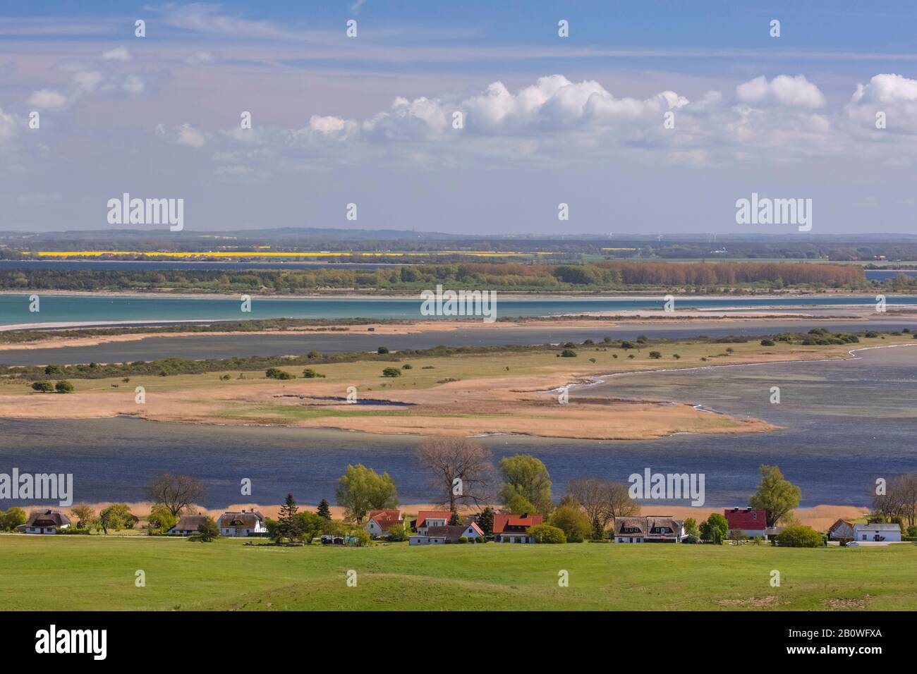Aerial view from Dornbusch Lighthouse over Hiddensee Island in the Baltic Sea, Mecklenburg-Western Pomerania / Mecklenburg-Vorpommern, Germany Stock Photo