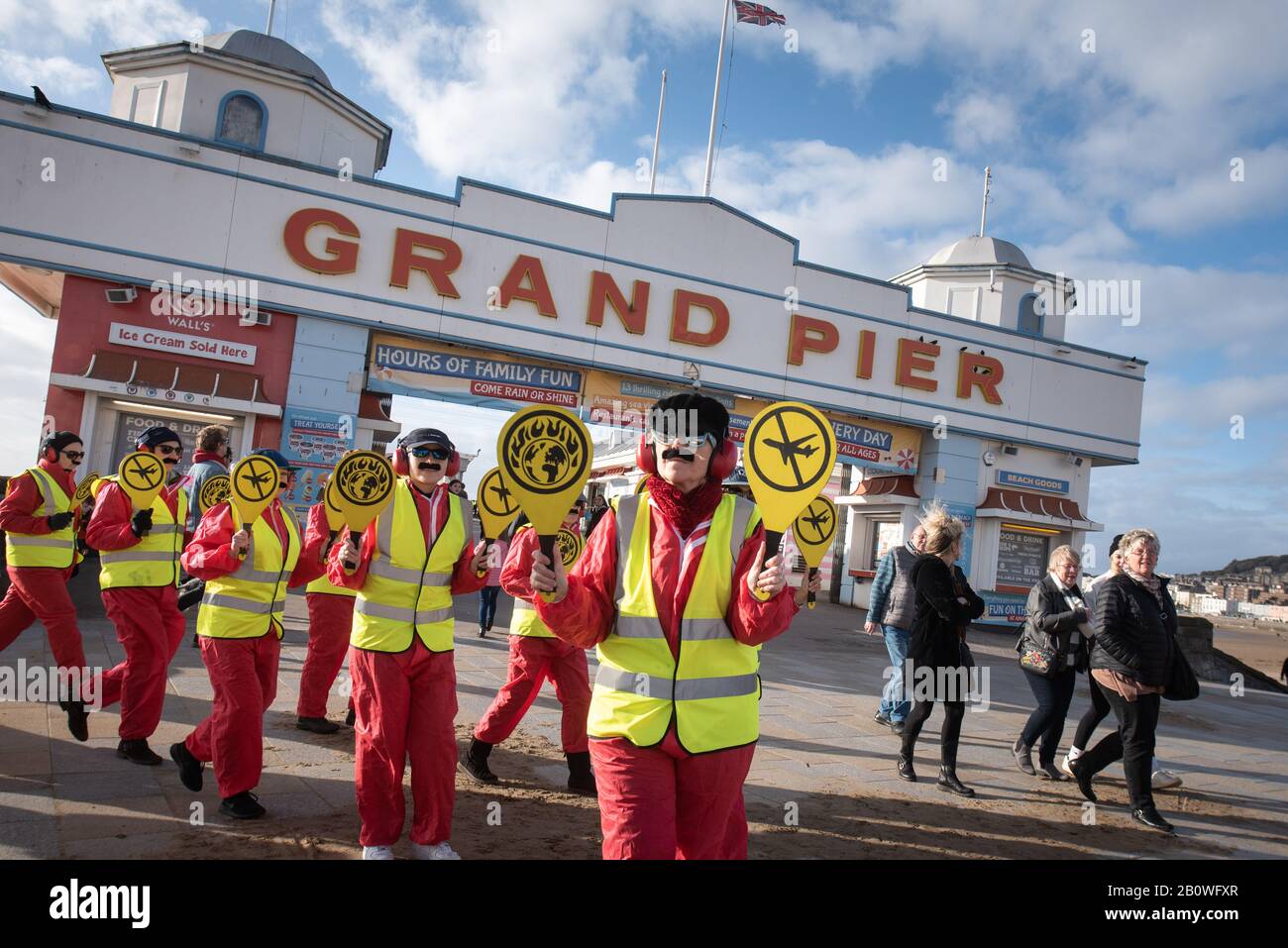 Weston-super-Mare, North Somerset, UK. 8th February 2020. Pictured:  Protesters dressed as air traffic controllers march past Weston-super-Mare's Gran Stock Photo