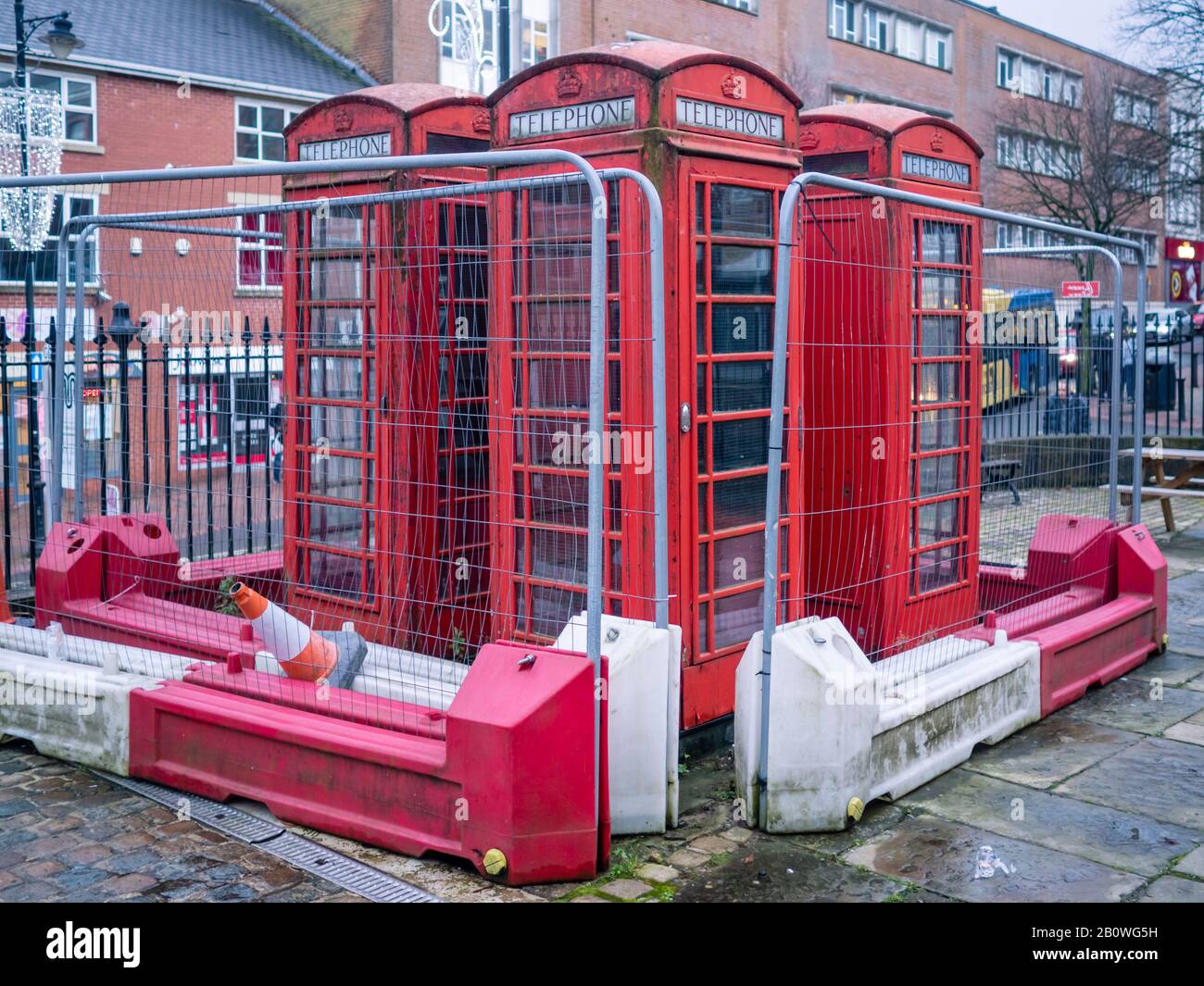 Disused telephone boxes in Bolton town centre Stock Photo