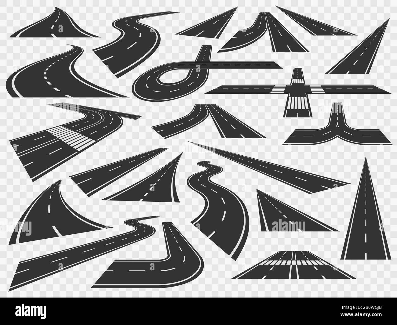 Curved road in perspective. Bending highways curves, rural bended asphalt and curving turn roads vector illustration set Stock Vector