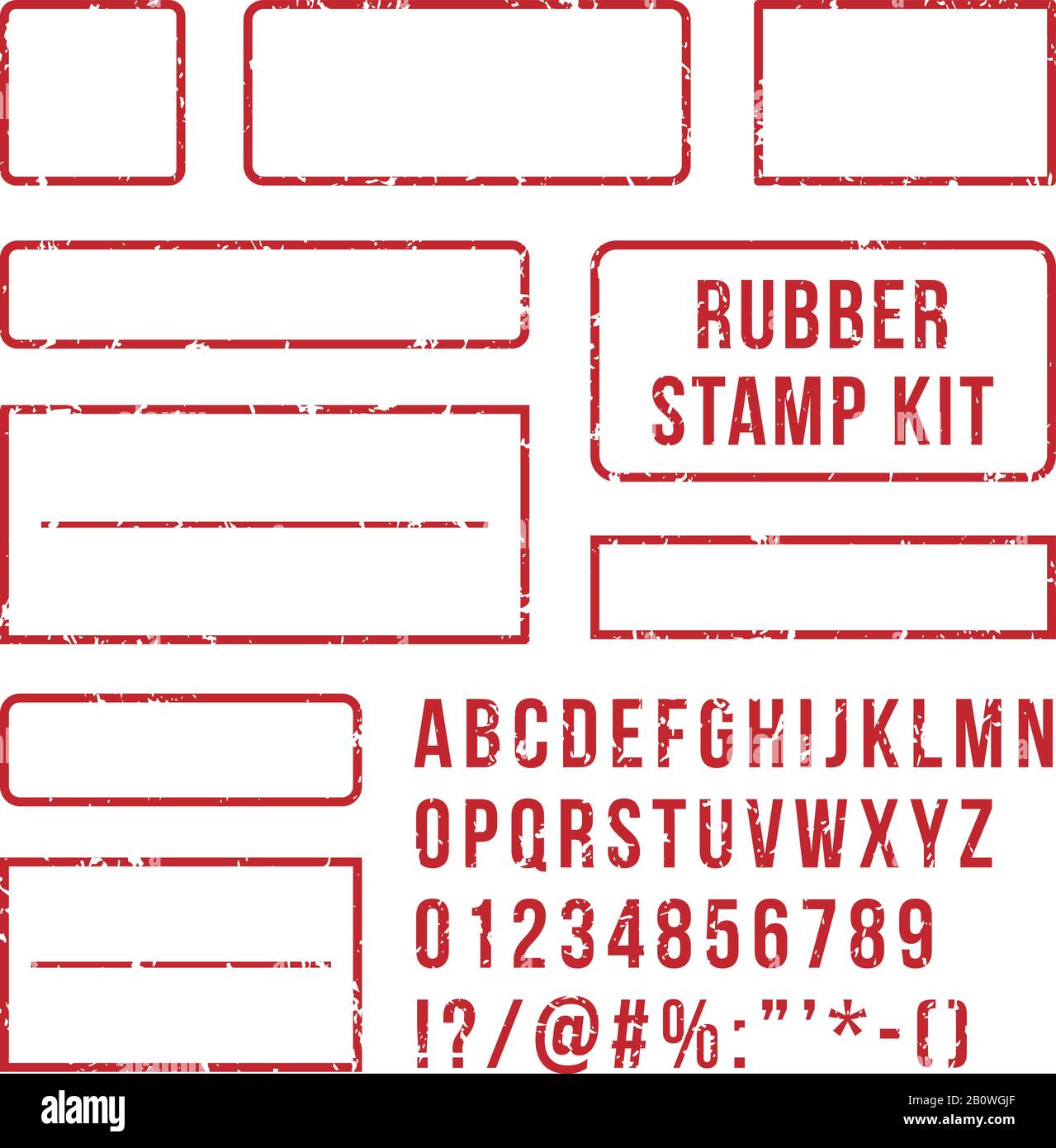 Rubber stamp letters. Red stamps frame and letterpress symbols with font numbers. Marks kit vector set Stock Vector