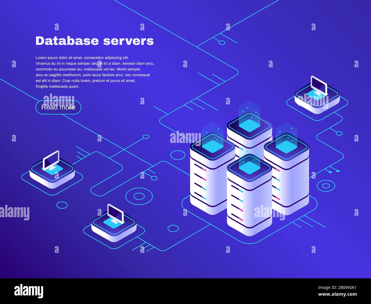 Database servers. Digital datacenter server network. Hosting tech support. Online cloud storage vector isometric illustration Stock Vector