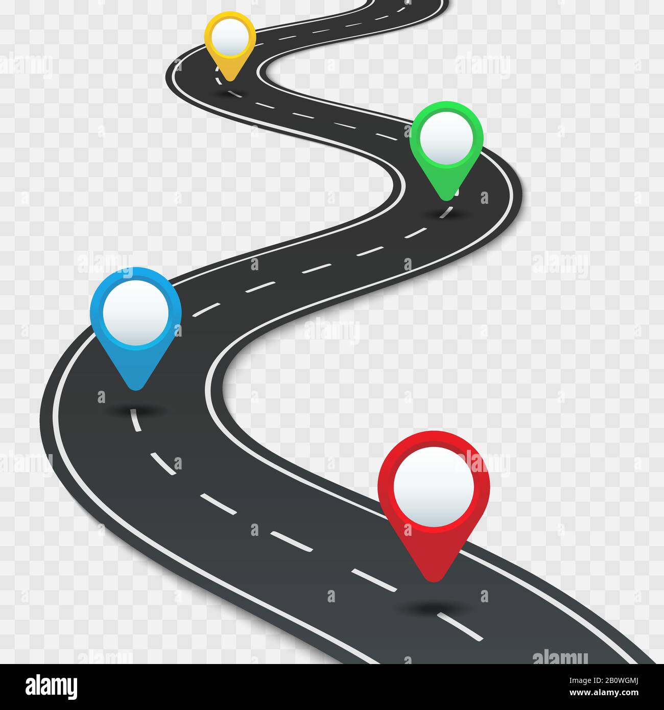 Highway roadmap with pins. Car road direction, gps route pin road trip navigation and roads business infographic vector illustration Stock Vector