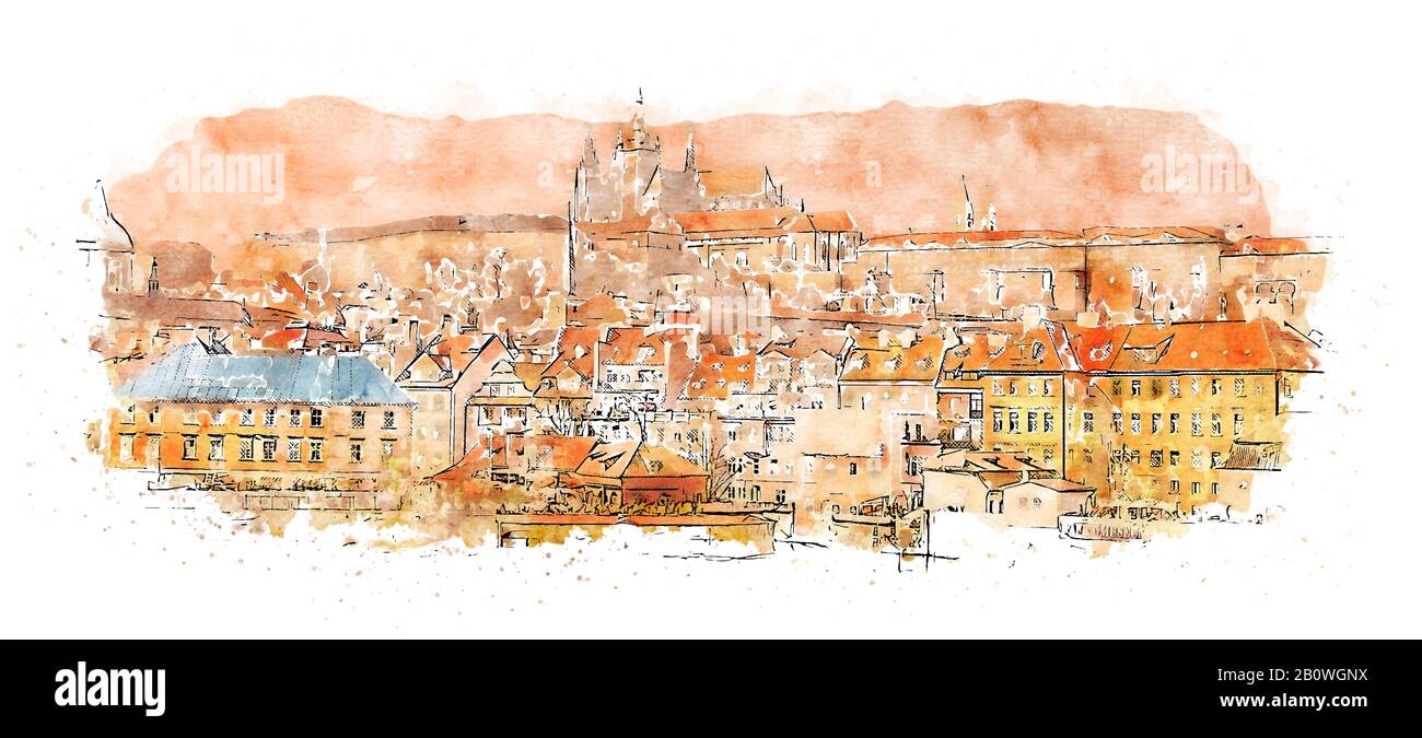 Prague, capital of the Czech Republic, is crossed by the Vltava river. Nicknamed 'the city of a hundred towers' Stock Photo