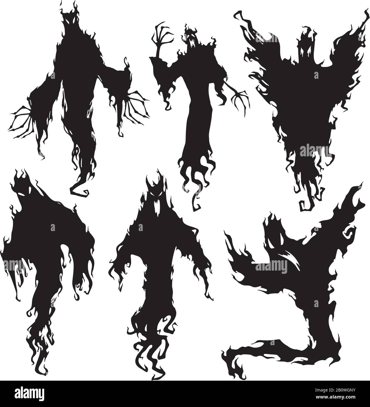 Evil spirit silhouette. Halloween dark night devil, nightmare demon or ghost silhouettes. Flying metaphysical vector illustration Stock Vector