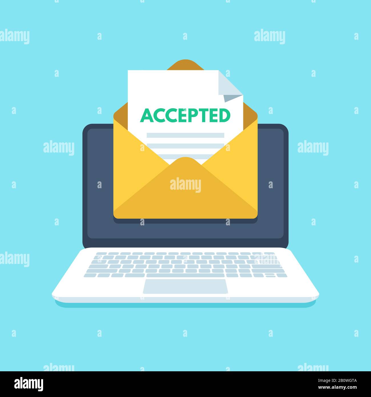 Accepted email in envelope. College acceptance success or university admission letter. Mail in laptop inbox vector illustration Stock Vector