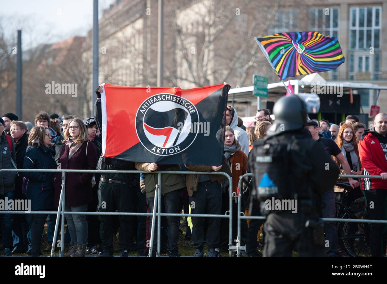 15th February 2020. Dresden, Saxony, Germany. Pictured:  Thousands of anti-fascist supporters gather opposite the far-right march start point. / Far-r Stock Photo