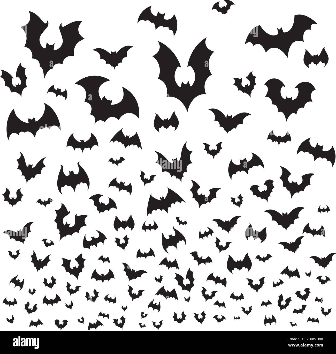 Flying halloween bat. Cave bats flock silhouette fly at sky. Scary vampire flittermouse vector background illustration Stock Vector