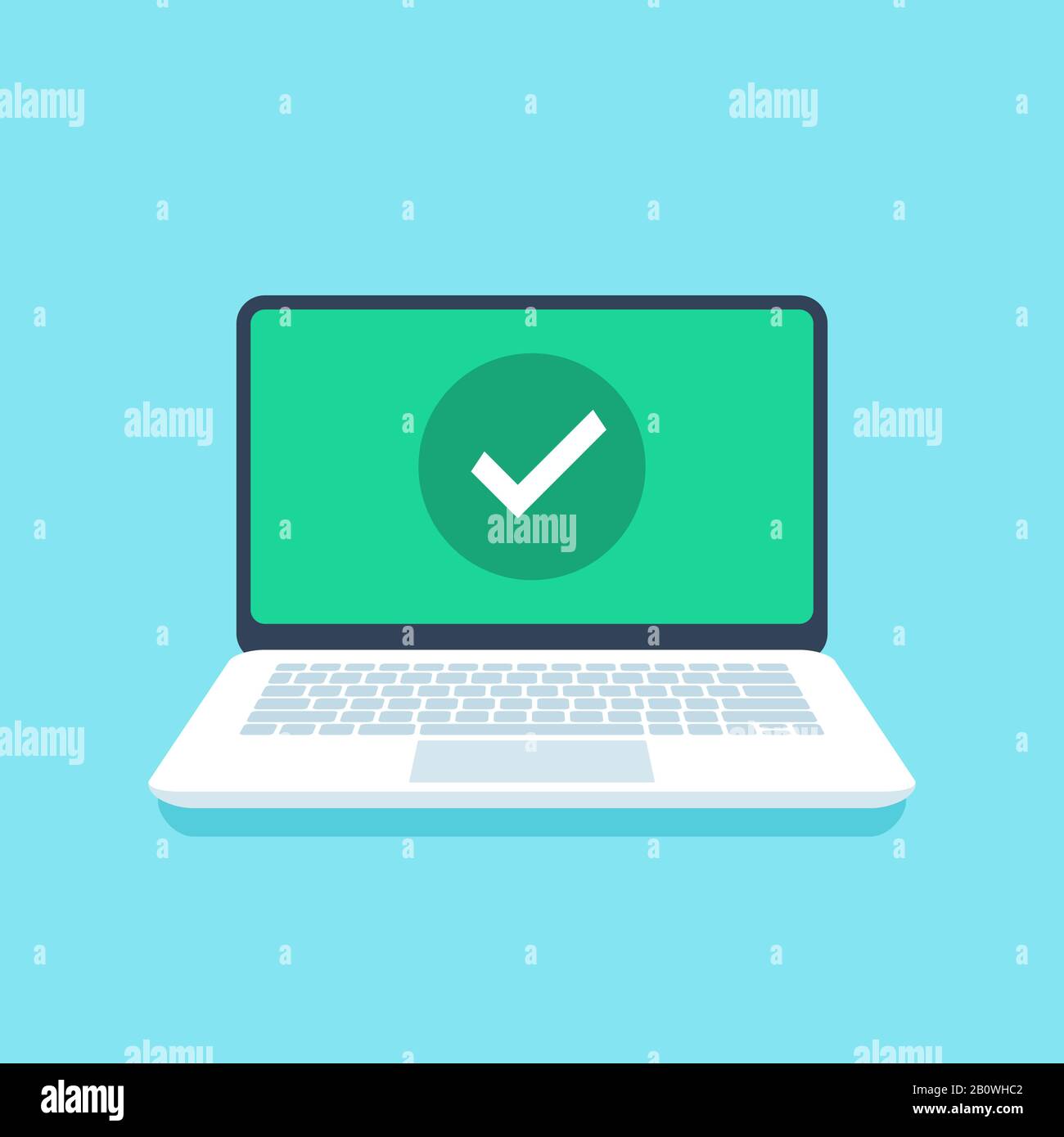 Check mark on laptop screen. Success tick icon or confirmation notification on open laptop display flat vector illustration Stock Vector