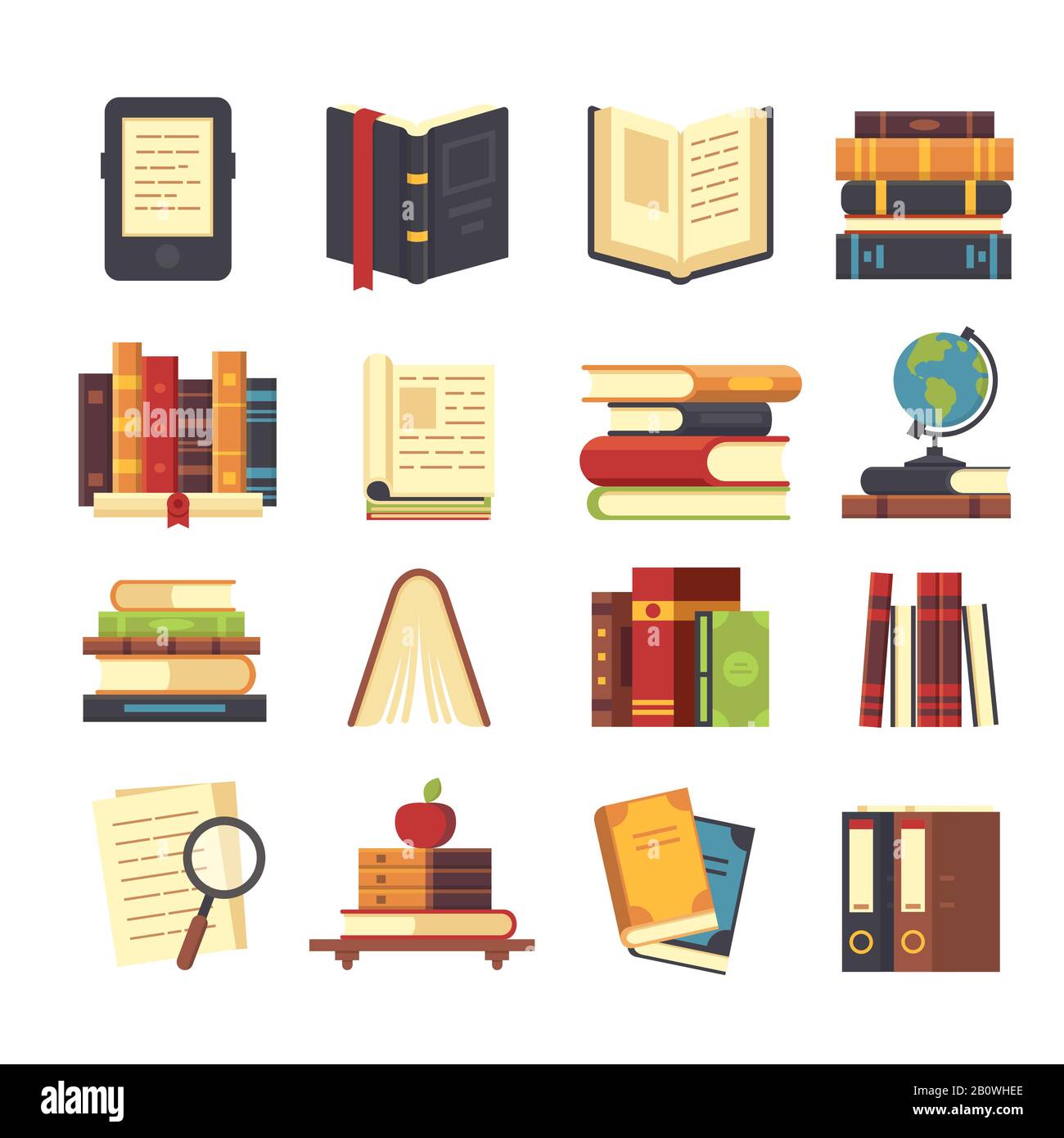 Flat book icons. Library books, open dictionary and encyclopedia on stand. Pile of magazines, ebook and novel booklet vector set Stock Vector