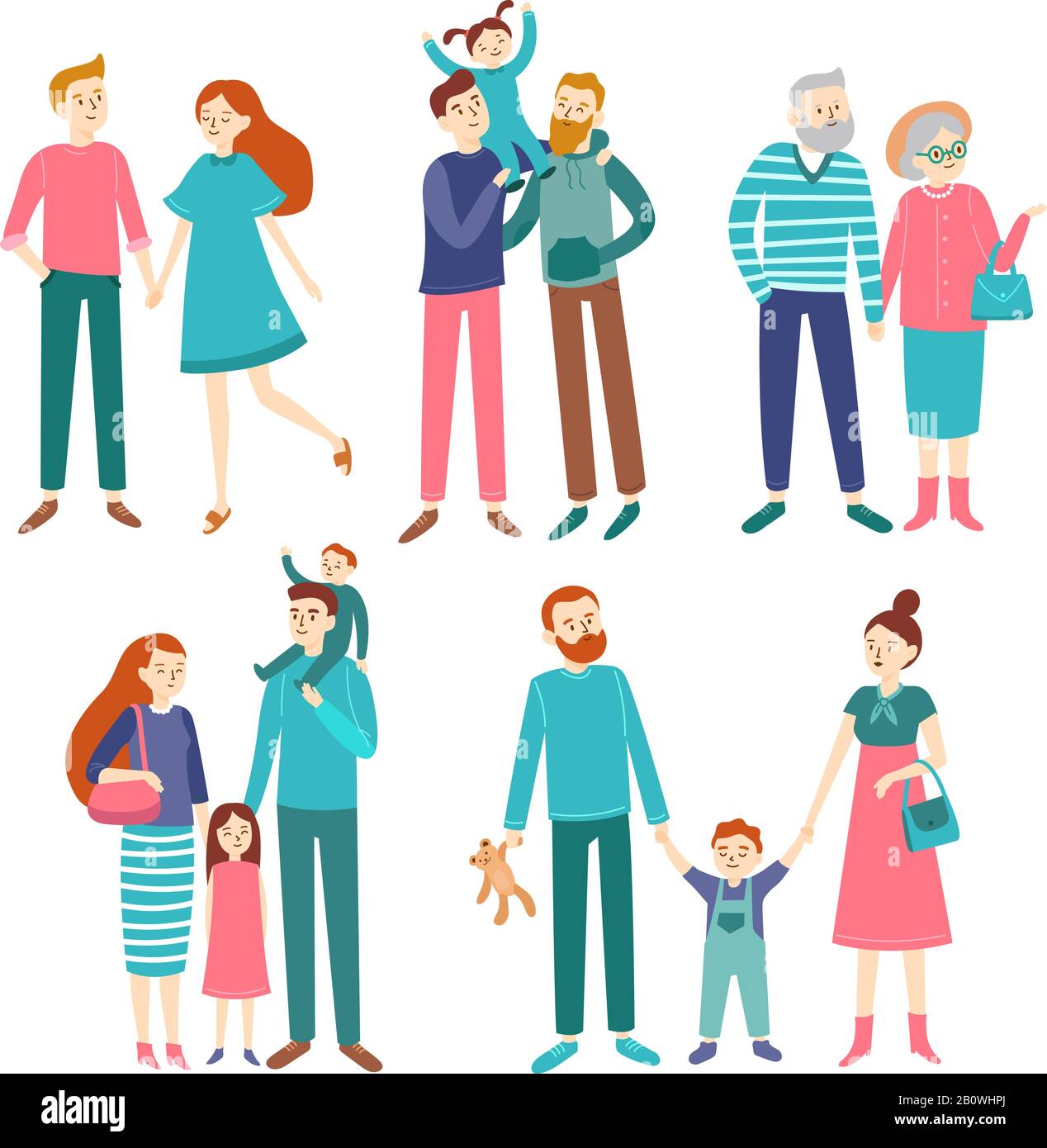 Family couples. Father and mother with children, brother and sister. Members of homosexual families, young or elderly couple vector set Stock Vector