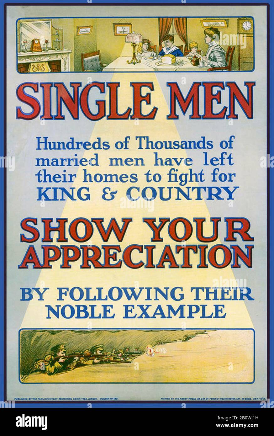 SINGLE MEN...British First World War recruiting poster Stock Photo