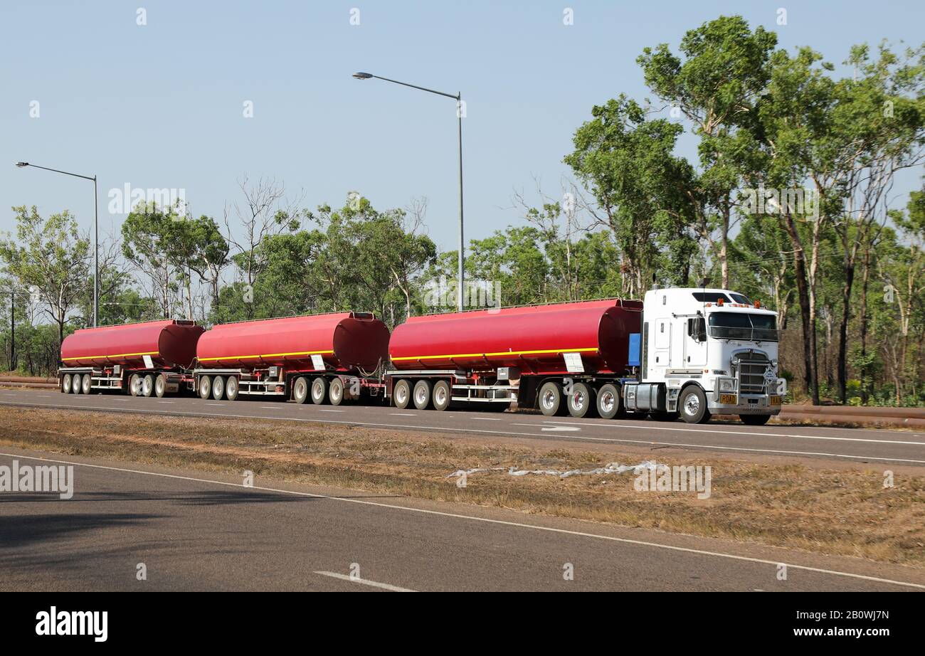 Road train tanker on the Stuart Highway, south of Darwin, Australia. Stock Photo