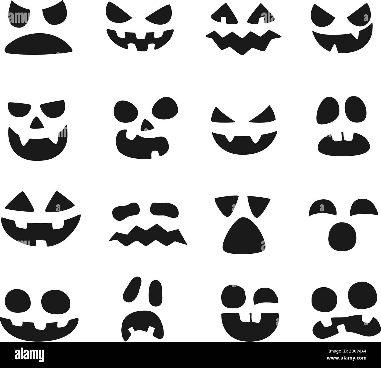 Pumpkin faces. Halloween evil devil face. Scary smile mouth, spooky nose and pumpkins eyes vector illustration set Stock Vector