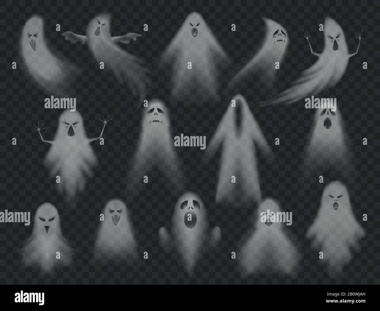 Transparent ghost. Horror spooky ghosts, halloween night ghostly ghoul. Scary phantom vector illustration set Stock Vector