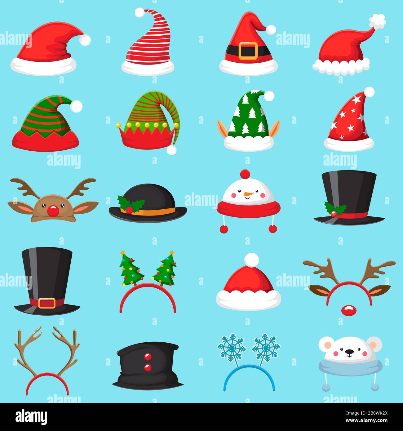 Cartoon christmas hat. Xmas different hats, winter masquerade masks. Elves ears, deer horns and snowman mask vector set Stock Vector