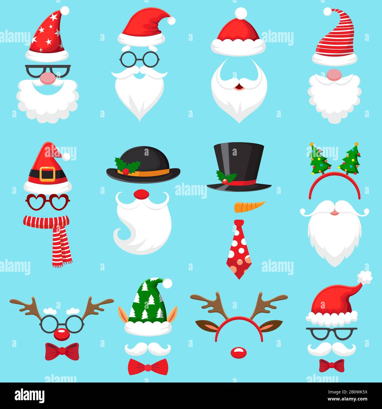 Christmas cartoon hats. Xmas santa hat, elf cap and reindeer photo mask. Santas beard and mustaches vector set Stock Vector