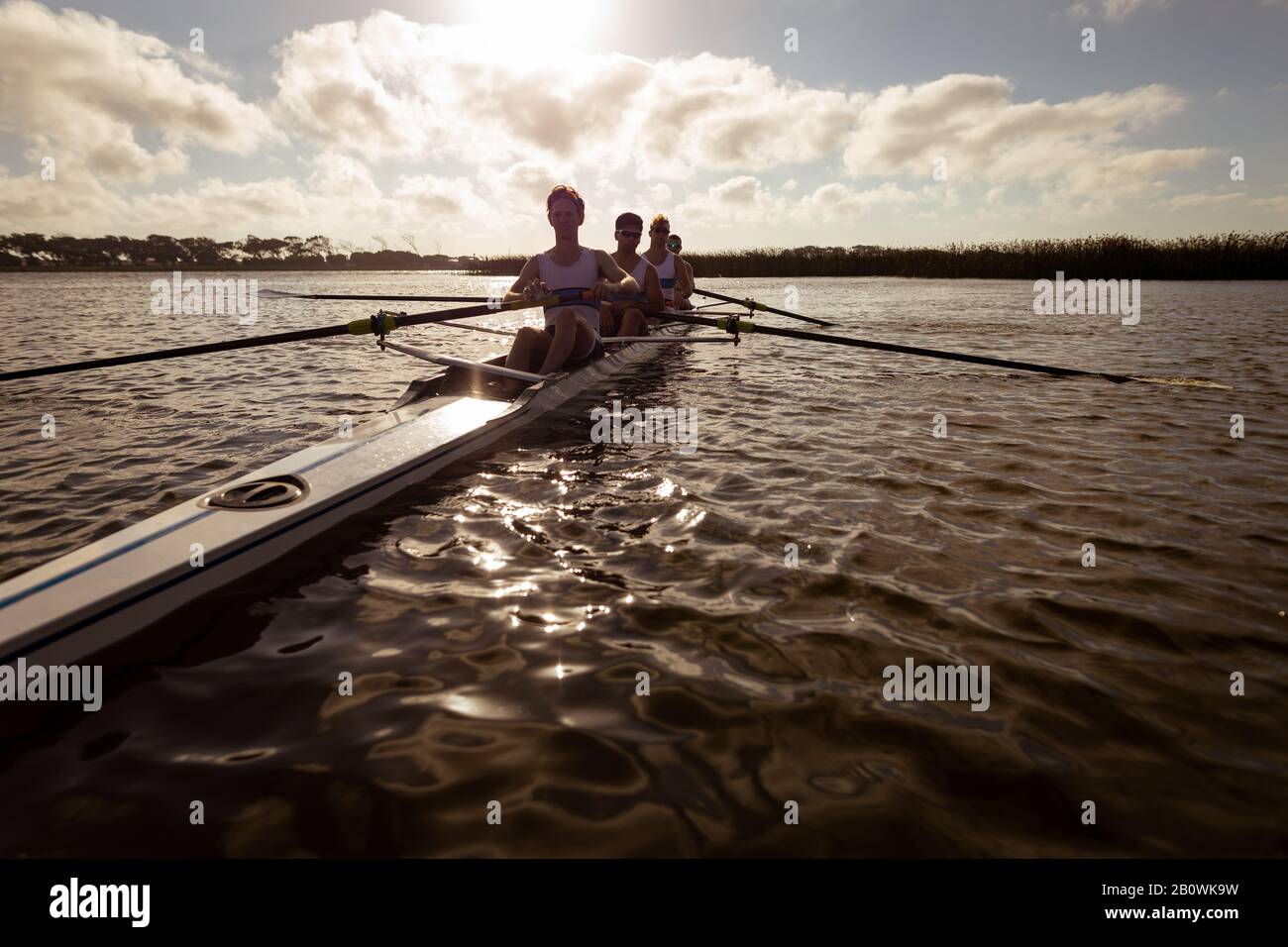 Teammates rowing on the water Stock Photo Alamy