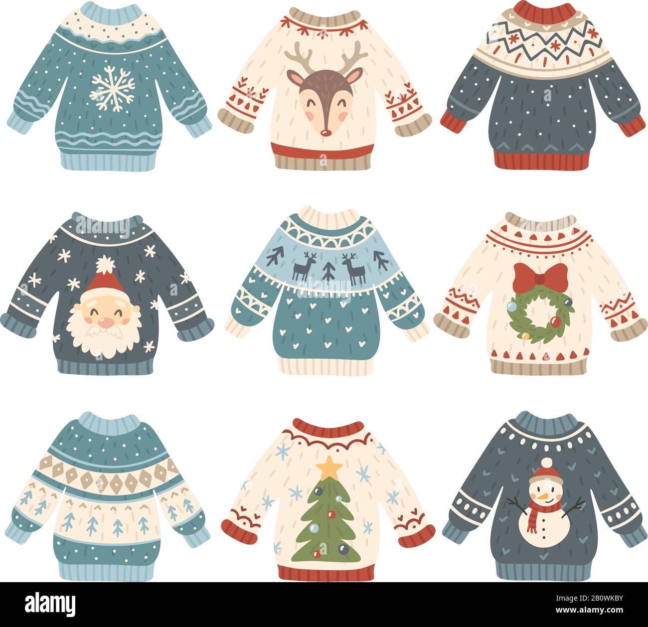 Ugly christmas sweaters. Cartoon cute wool jumper. Knitted winter holidays sweater with funny snowman, Santa and Xmas tree vector set Stock Vector