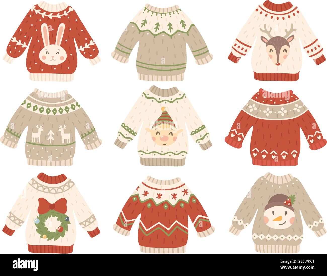Cute christmas jumper. Xmas ugly sweater with funny snowman, Santas helpers and Santa beard. Winter fashion tacky jumpers vector set Stock Vector