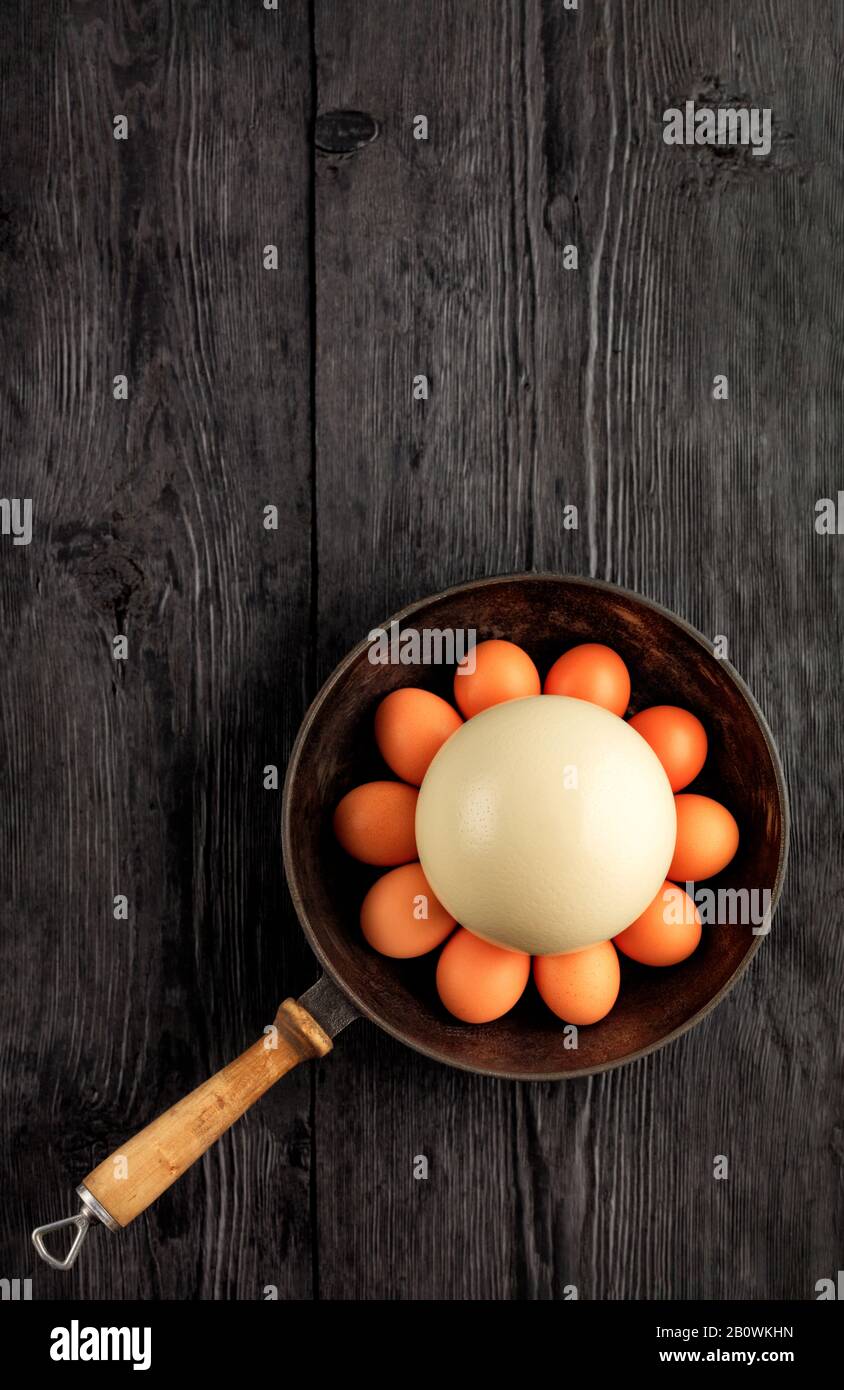 Ostrich egg, selective focuse, surrounded by chicken eggs in an old cast-iron skillet, vertical image. Stock Photo