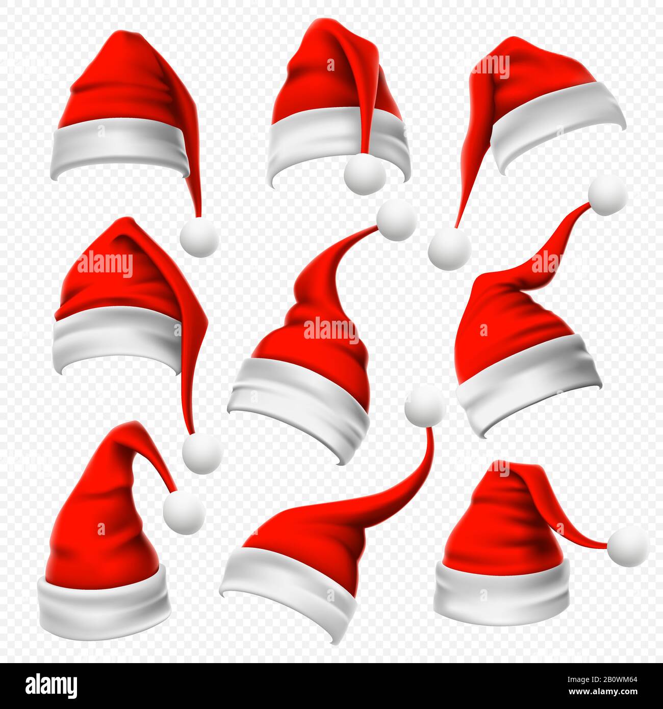 Santa Claus hats. Christmas red hat, xmas furry headdress and winter holidays head wear decoration 3D vector set Stock Vector