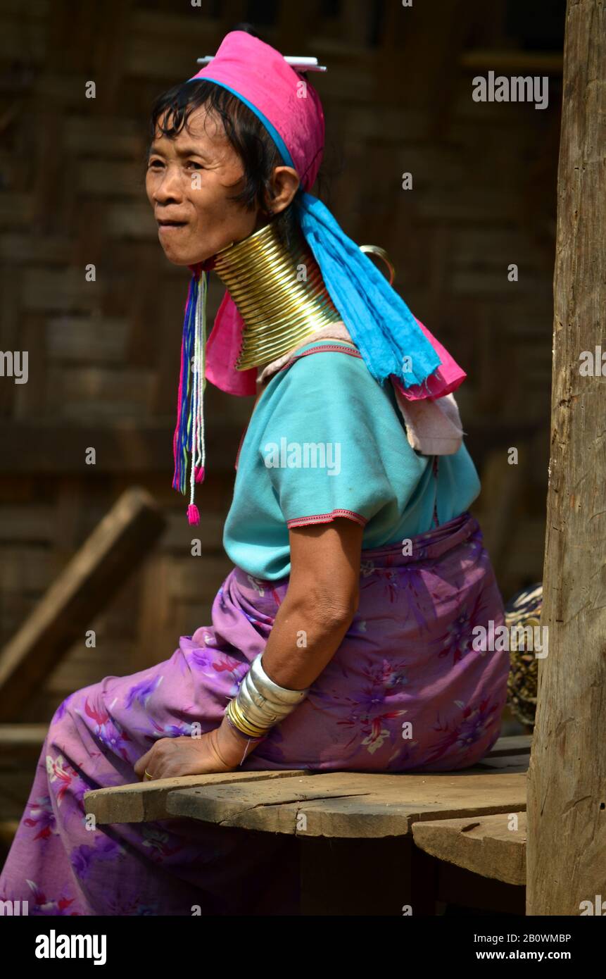 Padaung woman from the Karen tribe with traditional necklaces, Thailand, Southeast Asia Stock Photo