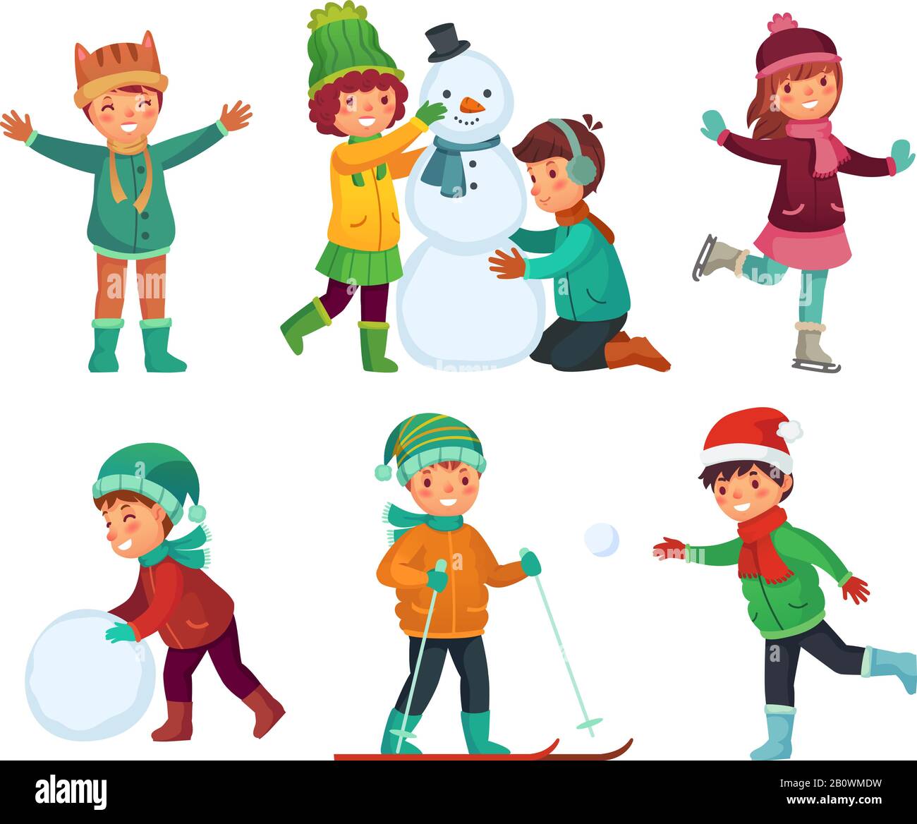 Happy kids winter activities. Children playing with snow. Cartoon kid characters in winters hats vector collection Stock Vector