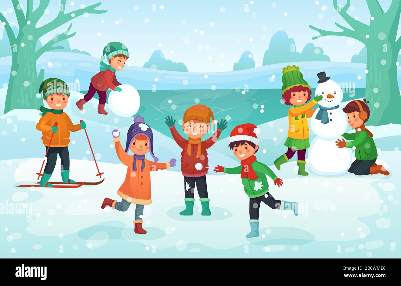 Winter fun for kids. Happy cute children playing outdoors in winters hats.  Christmas winter holiday cartoon vector illustration Stock Vector Image &  Art - Alamy