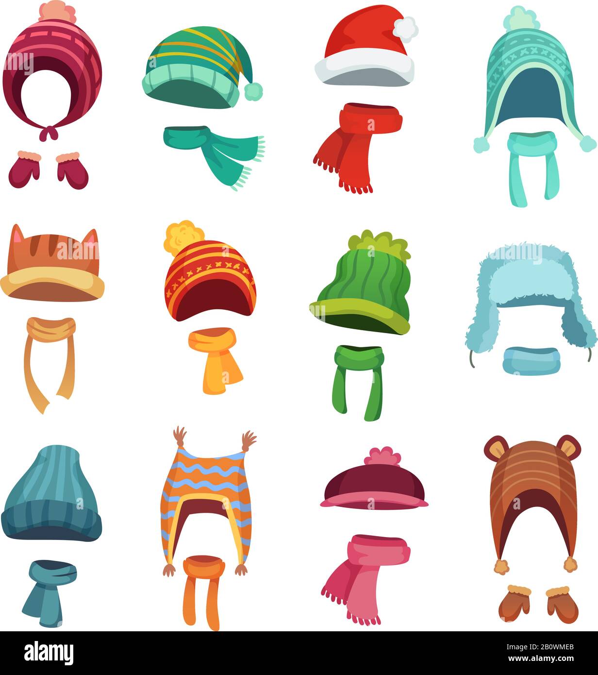 Winter kids hat. Warm childrens hats and scarves. Headwear and accessories for boys and girls cartoon vector set Stock Vector