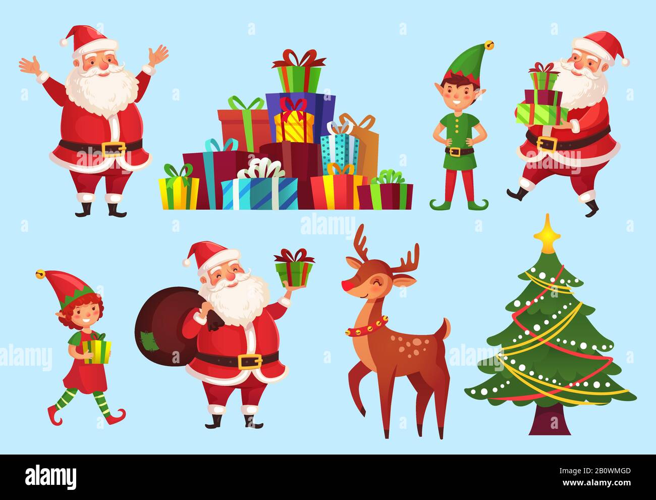 Cartoon christmas characters. Xmas tree with Santa Claus gifts, Santas helpers elves and winter holidays deer vector character set Stock Vector