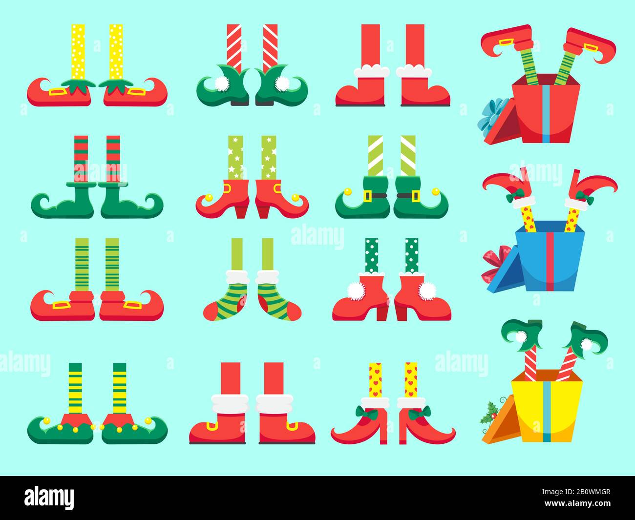 Christmas elf feet. Shoes for elves foot, Santa Claus helpers dwarf leg in pants. Xmas present and gifts isolated vector set Stock Vector