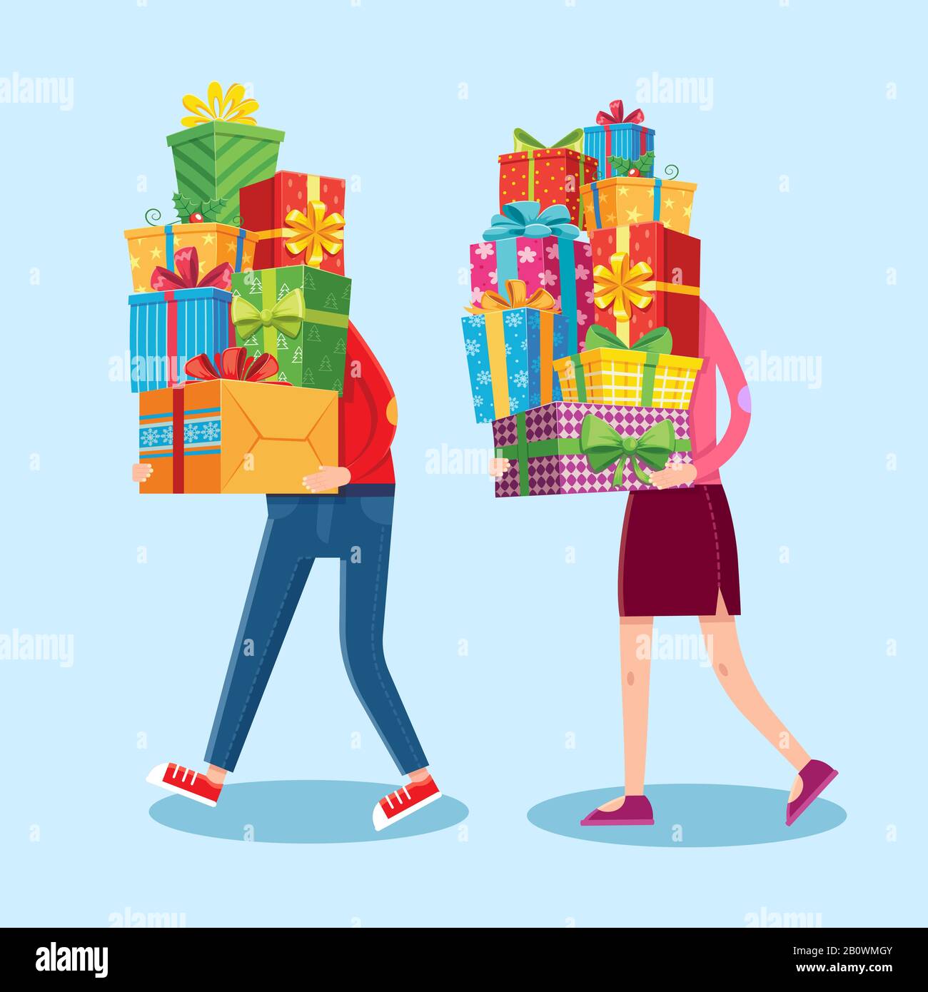Carry gifts stack. Carrying christmas stacked presents in man and woman character hands. Heavy gift pile vector cartoon illustration Stock Vector