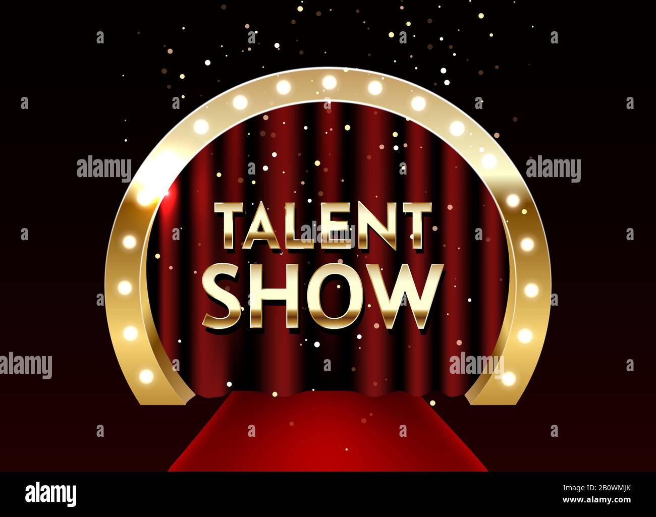 Talent show vector poster template. Empty theatrical stage with Talent show signage with lights on red curtain and seats for spectators. Stock Vector