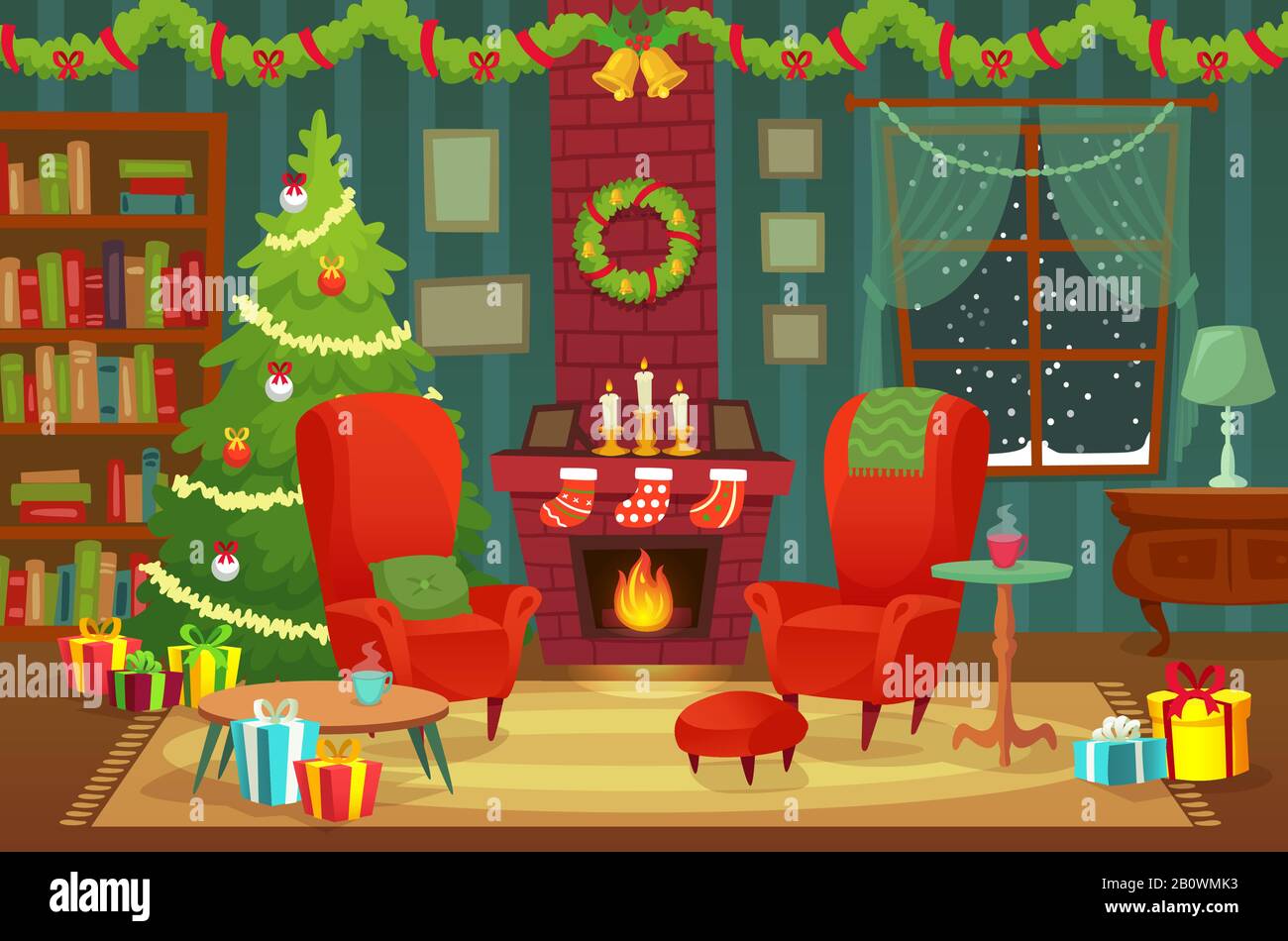 Decorated christmas room. Winter holiday interior decorations, armchair near fireplace and xmas tree vector background illustration Stock Vector