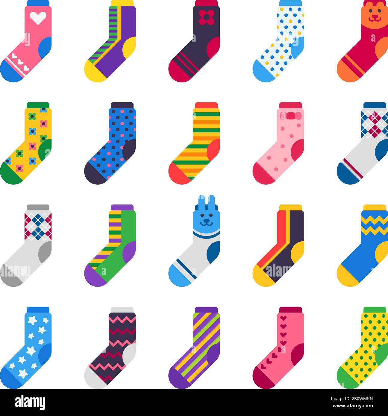 Sock icon. Sport long socks, kids feet clothes and striped warm hosiery isolated vector flat set Stock Vector