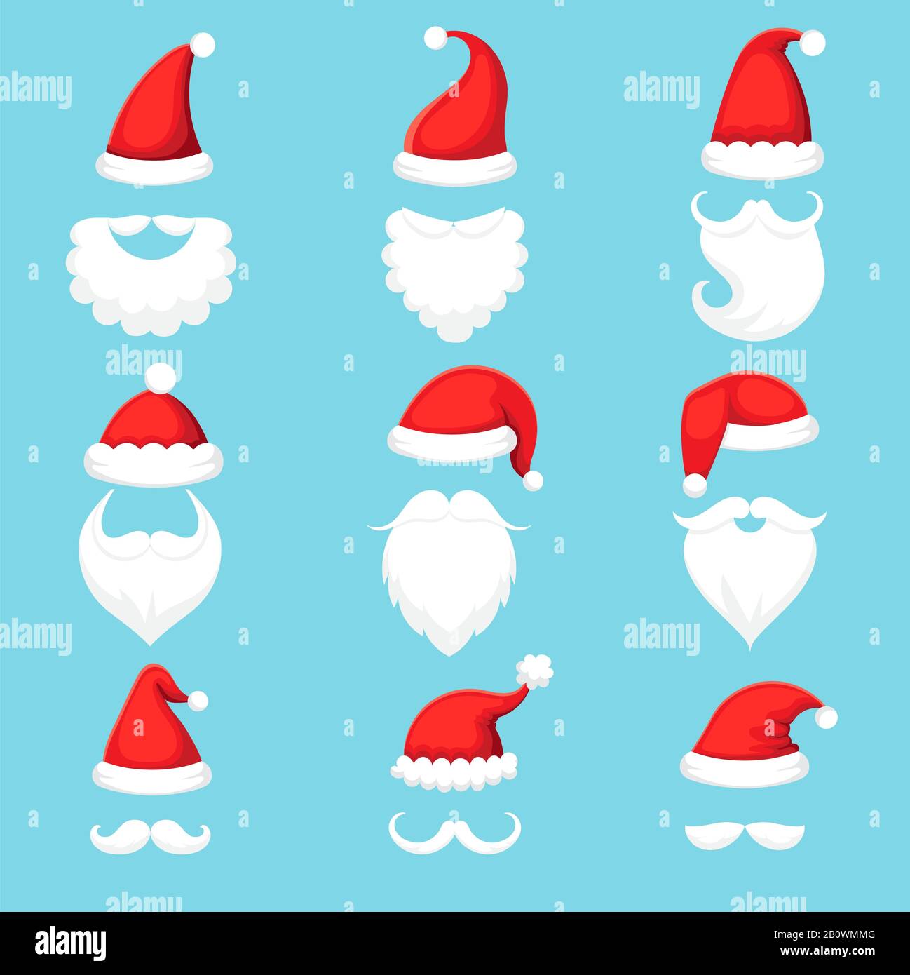 Santa Claus hat and beard. Christmas traditional red warm hats with fur, white beards with mustaches cartoon illustration vector set Stock Vector