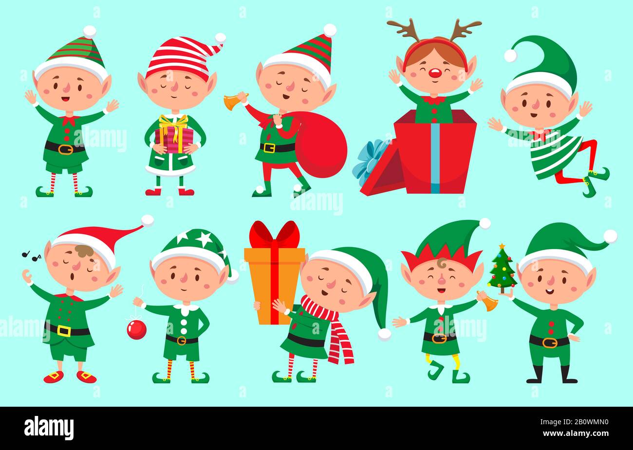 Christmas elf character. Santa Claus helpers cartoon, cute dwarf elves fun characters vector isolated Stock Vector