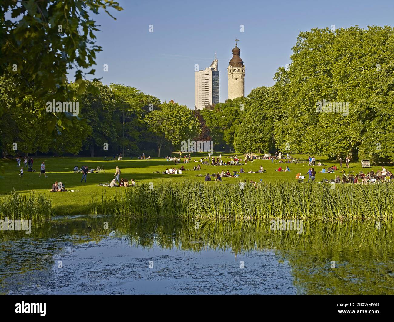 Johannapark with a view of the city center on city skyscraper and town hall tower in Leipzig, Saxony, Germany, Europe Stock Photo