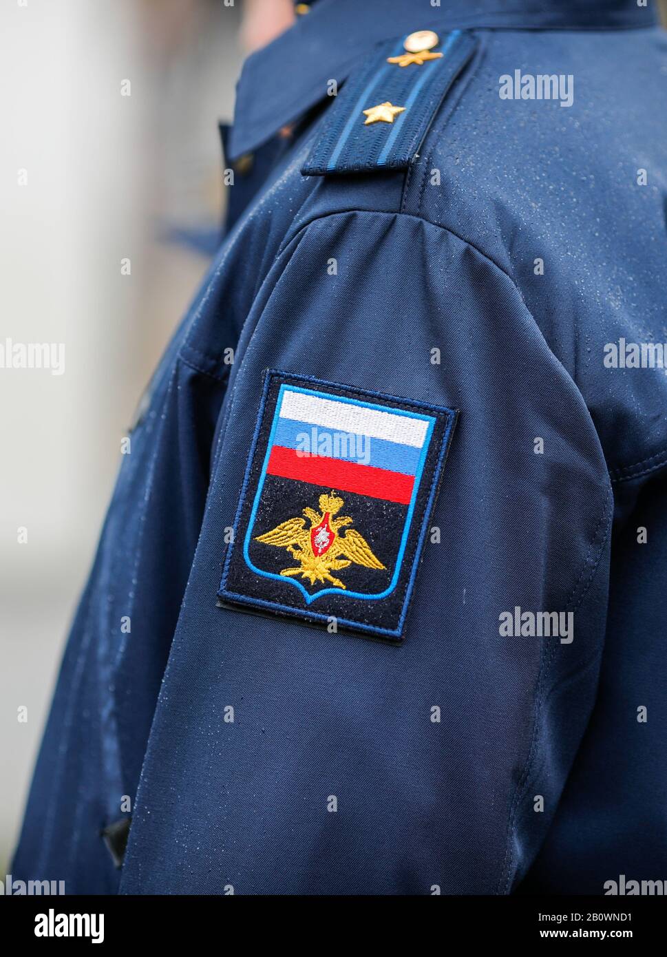 Bucharest, Romania - February 21, 2020: Details of a Russian soldier uniform with a modern Russian Armed Forces Patch Stock Photo