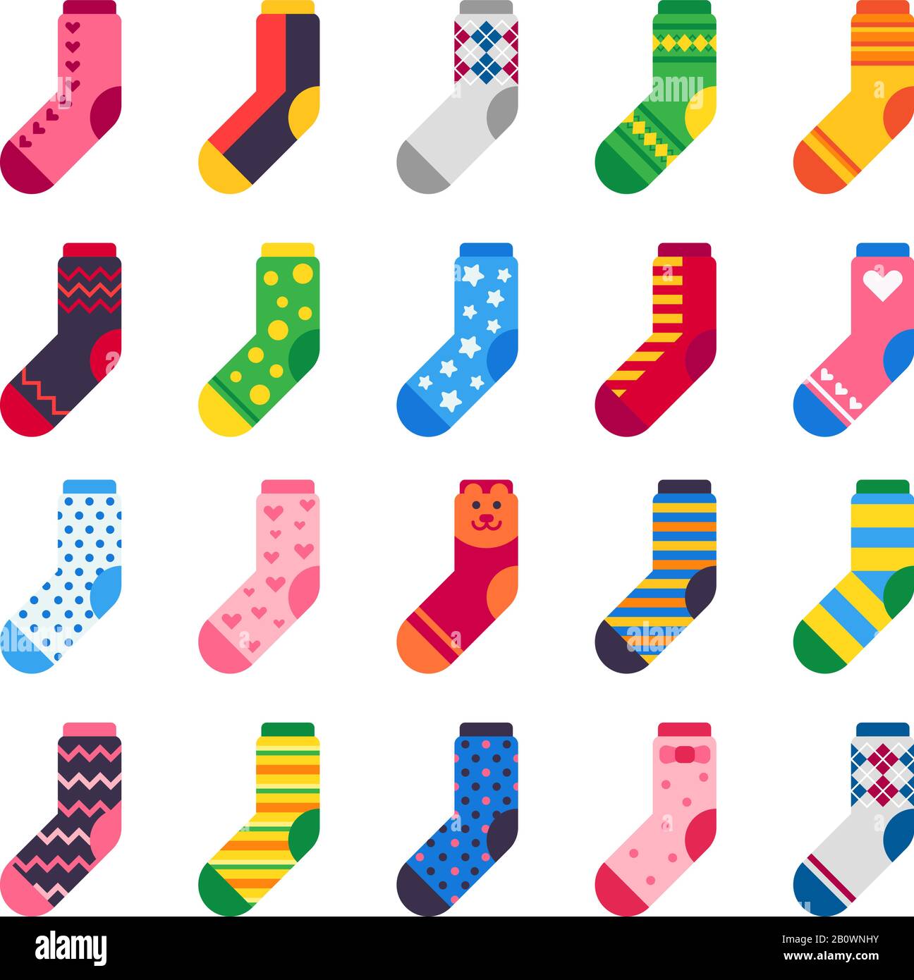 Flat socks. Long sock for child feet, elastic colorful fabric and striped warm kids ankle clothes vector icons set Stock Vector