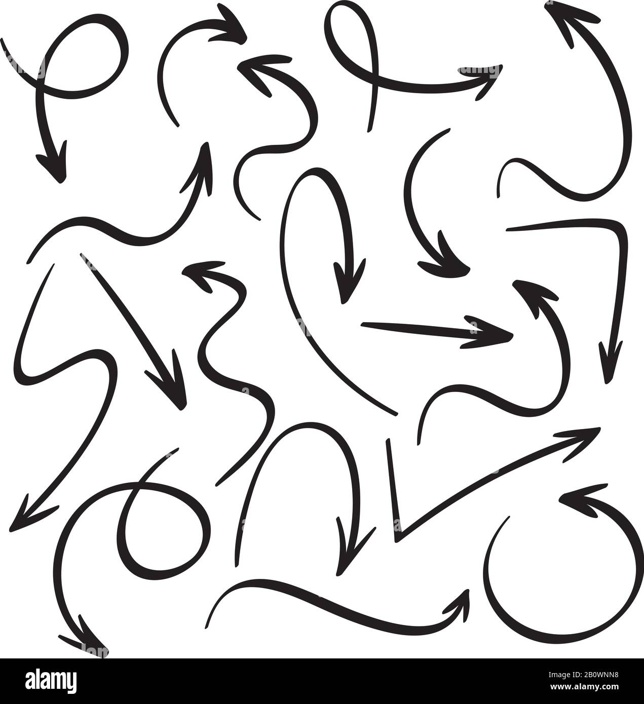 Cartoon black arrows. Hand drawn arrow sketch. Swirl, return back and direction pointer vector icons set Stock Vector