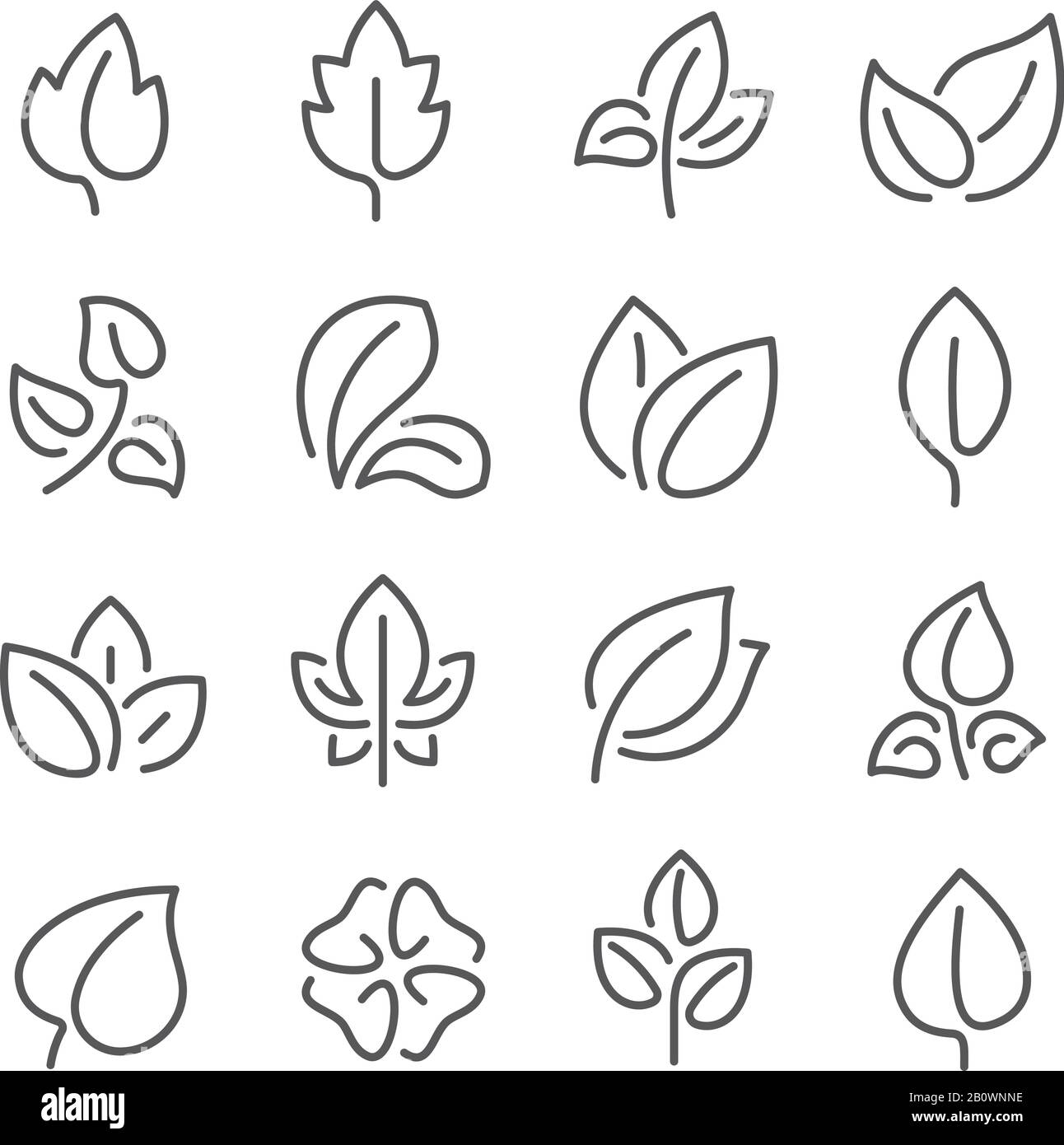Natural leaf line icons. Young leaves of plants, forest tree leafs and eco greens fertilizer vector outline pictogram symbol set Stock Vector