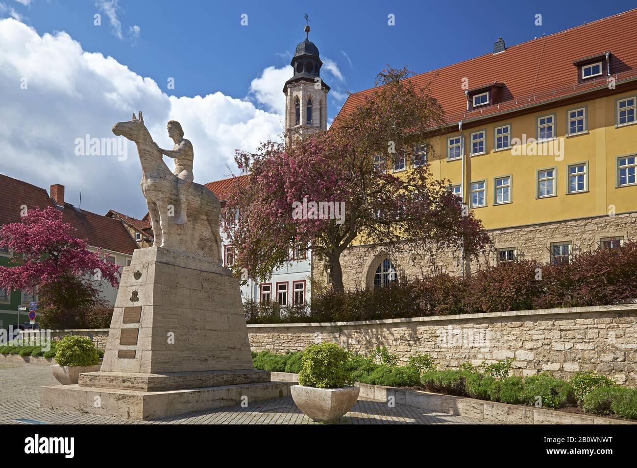 City museum in the Augustinian monastery with equestrian monument in Bad Langensalza, Thuringia, Germany, Europe Stock Photo