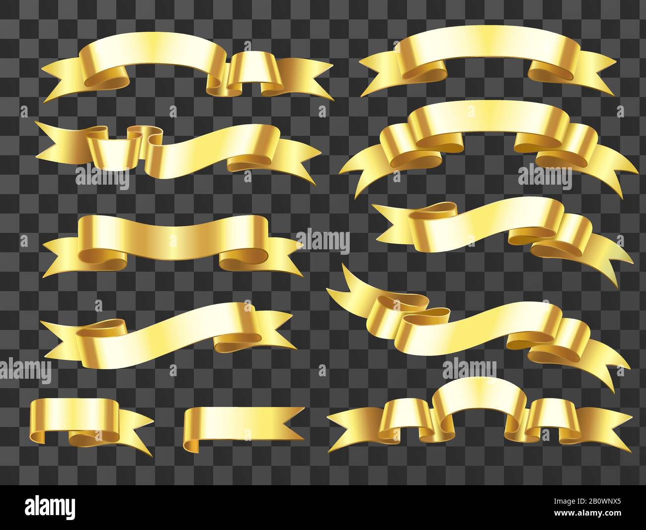 Realistic gold banner. Golden horizontal celebration ribbon. Scroll ribbons and award banners isolated vector illustration Stock Vector